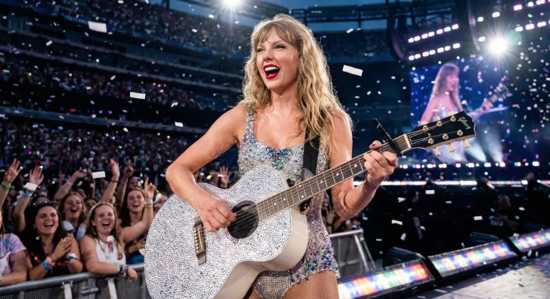 Известная поп-икона сияющая на сверкающей сцене